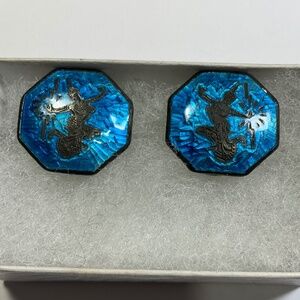 Vintage Siam Sterling Silver Blue Enamel Clip on Earrings